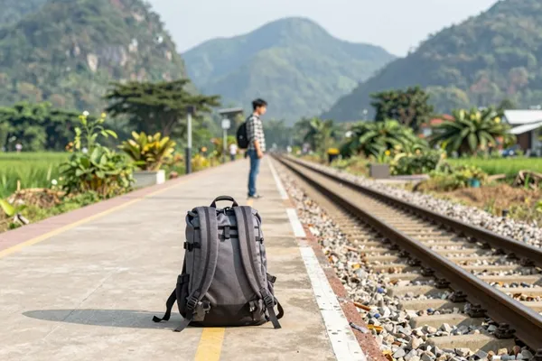 Ba lô đặt trên sân ga nhỏ giữa núi rừng, một người đứng chờ tàu phía xa — hạng Pro