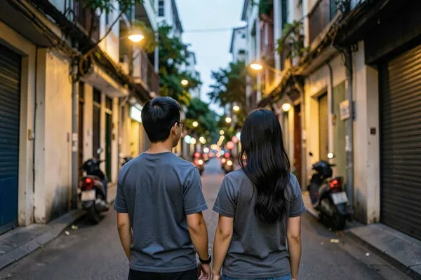 Đôi bạn trẻ nắm tay đi vào con hẻm lúc chiều tối, đèn đường vàng, xe máy hai bên — hạng Plus