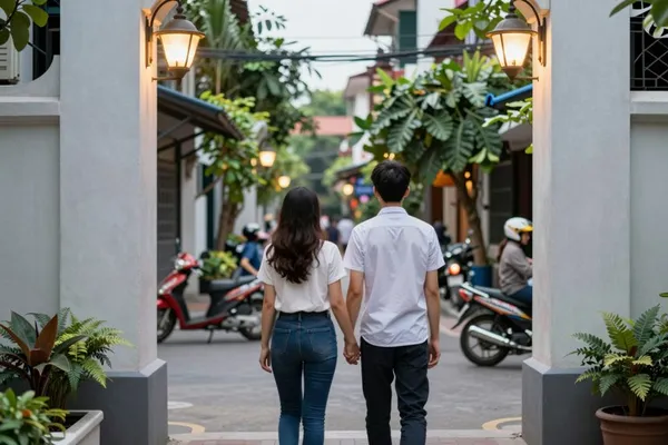 Đôi bạn trẻ nắm tay đi vào con hẻm lúc chiều tối, đèn đường vàng, xe máy hai bên — hạng Pro