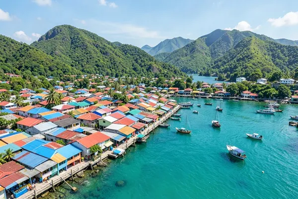 Làng chài ven biển nhìn từ trên cao, nhà mái tôn nhiều màu, thuyền đánh cá trên mặt nước xanh — hạng Plus