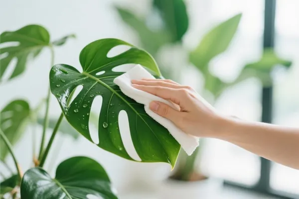 Bàn tay cầm khăn trắng lau chiếc lá cây cảnh xanh bóng, nền sáng mờ — hạng Max